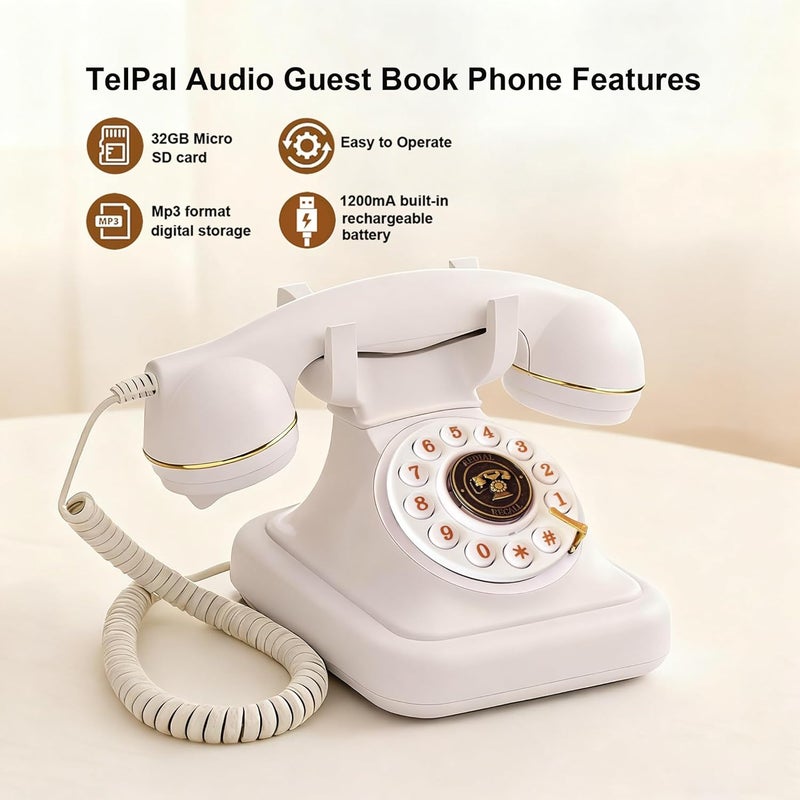 TelPal Audio Guest Book Wedding Phone, Vintage Telephone Recorder Wedding Guest Book, Retro Voice Recording Phone for Birthdays Party/Graduation/Baby Shower/Retirement/Special Occasions (White) - Image 3